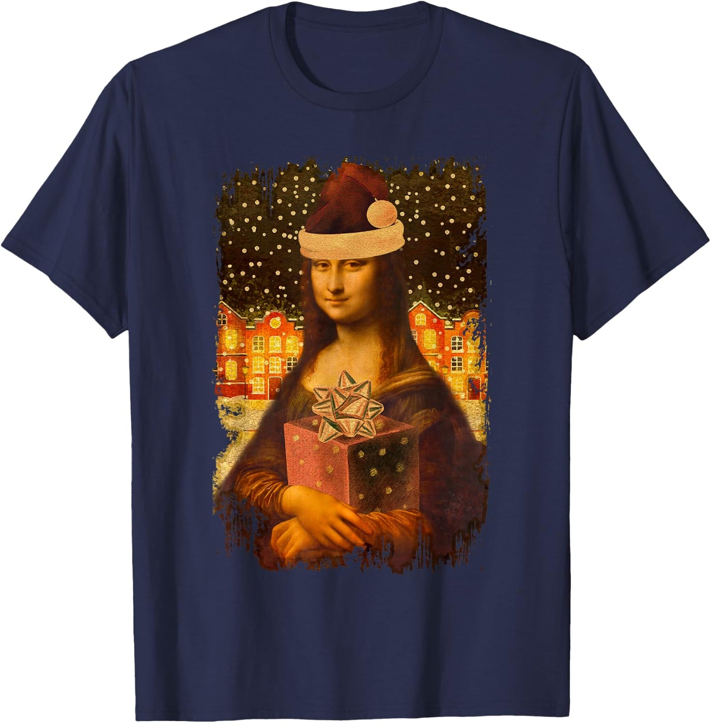 Mona Lisa with Santa Hat for Art Teacher Mona Lisa Christmas Men Women Kids T-Shirt - T-Shirt | Navy