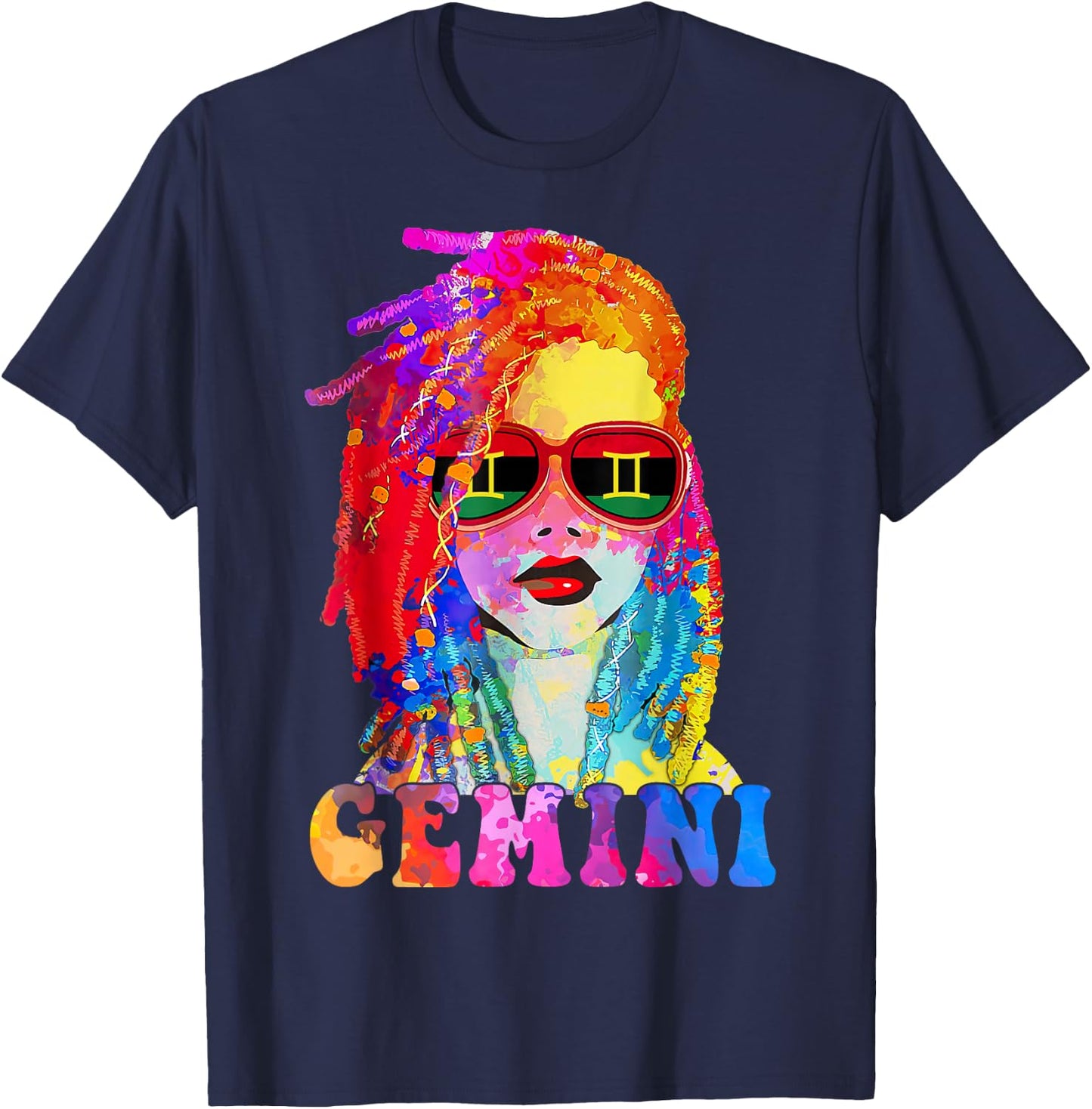 Gemini Loc'd Woman Black Queen Art Zodiac Birthday T-Shirt - T-Shirt | Navy