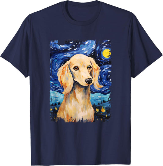 Cream Dachshund Dog Starry Night Painting Dog Mom Dad T-Shirt - T-Shirt | Navy