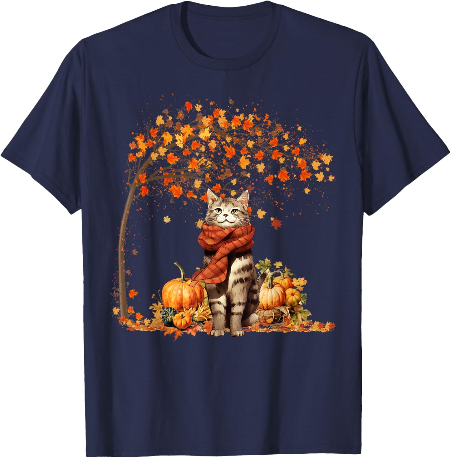 Cat Leaf Fall Hello Autumn Cat Kitten Lover Thanksgiving T-Shirt - T-Shirt | Navy