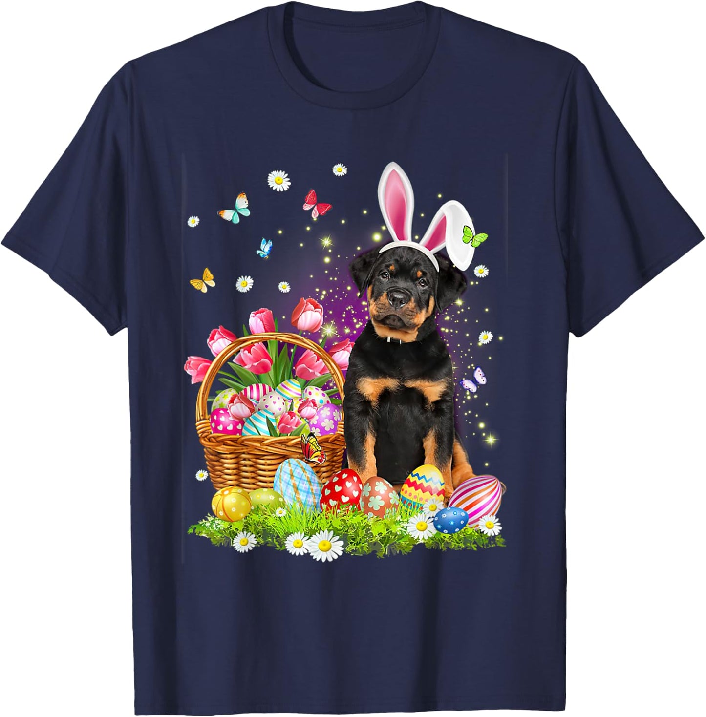 Funny Easter Bunny Rottweiler Dog Bunny Ear Egg Basket Women Kids T-Shirt - T-Shirt | Navy