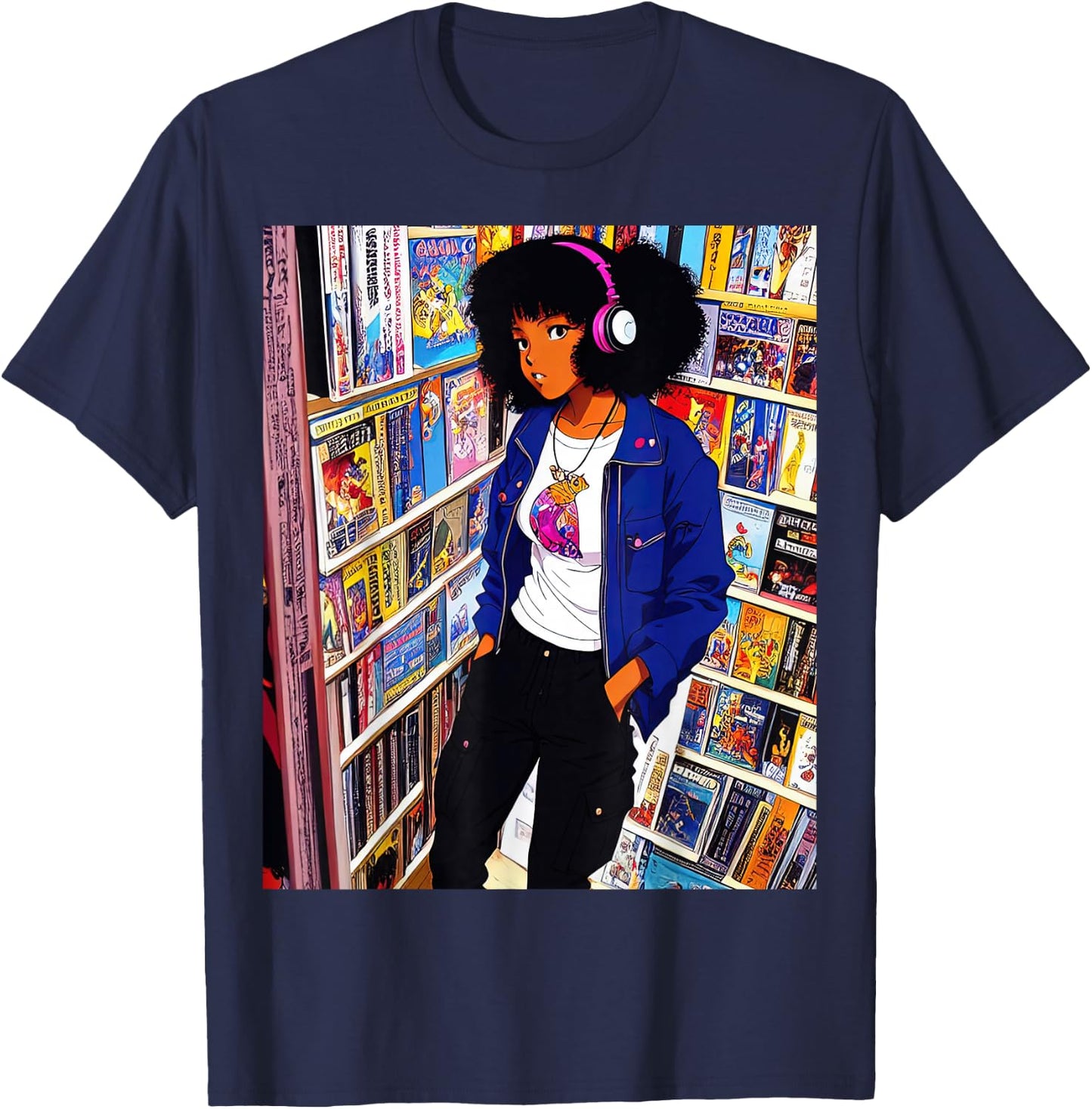 Black girl Lofi Music 90s Afro Retro Anime Cartoon Style T-Shirt - T-Shirt | Navy