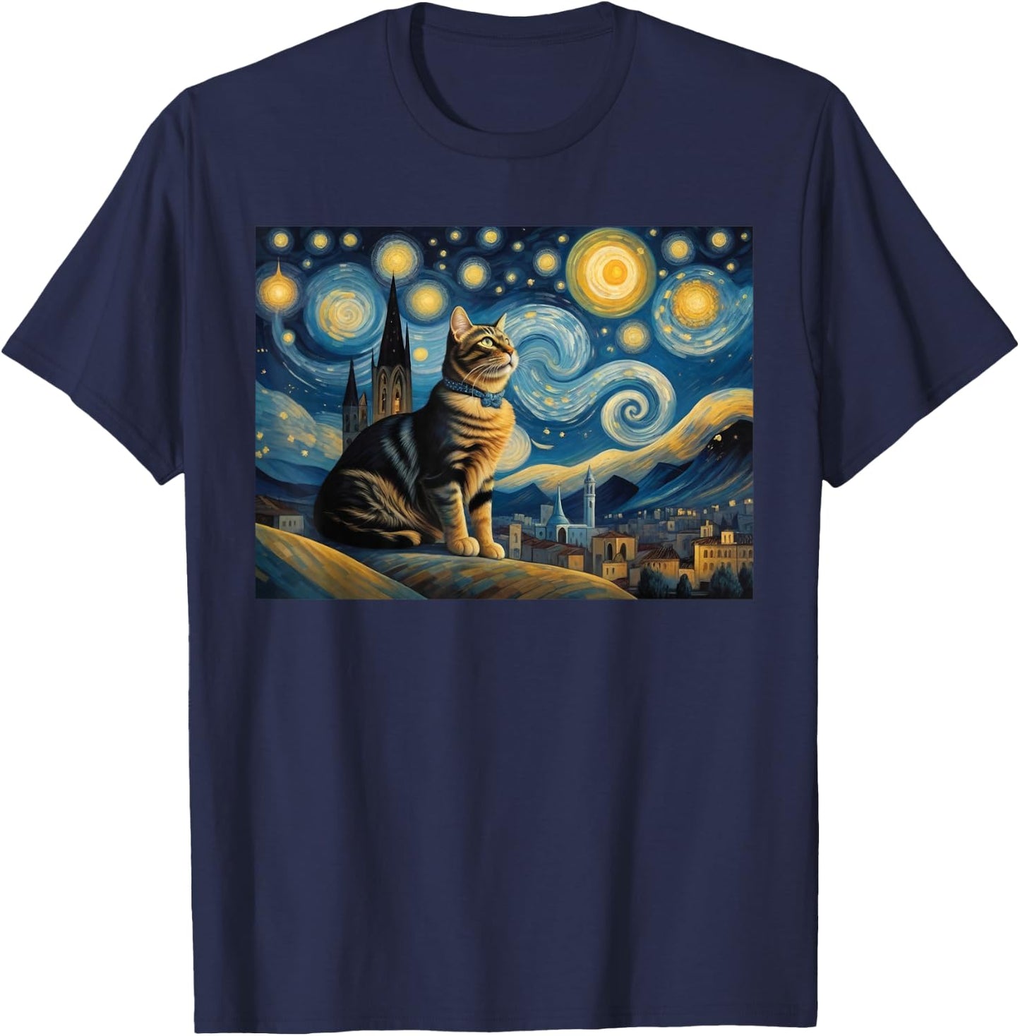 cute cat Painting art Starry Night kitty kitten Van Gogh T-Shirt - T-Shirt | Navy