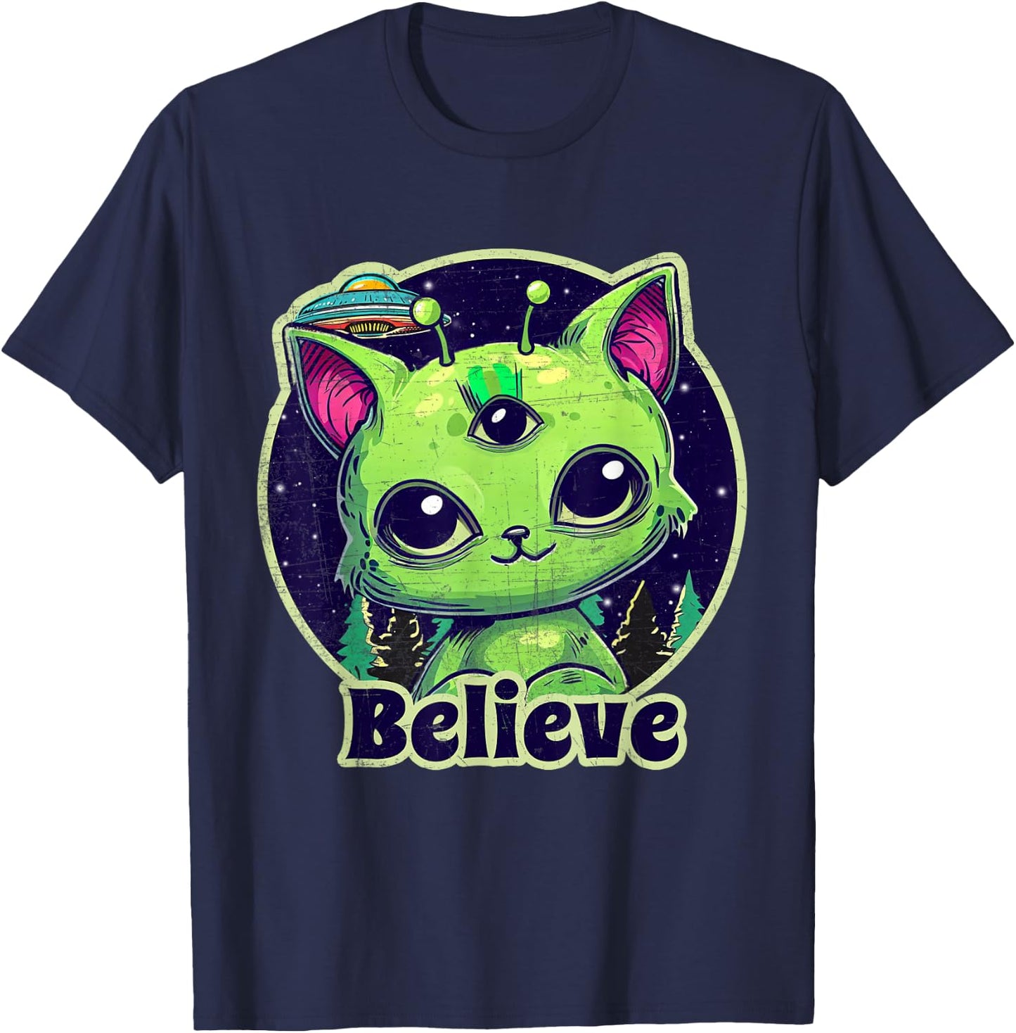 Cute Alien Cat Belive in UFO Kawaii T-Shirt - T-Shirt | Navy