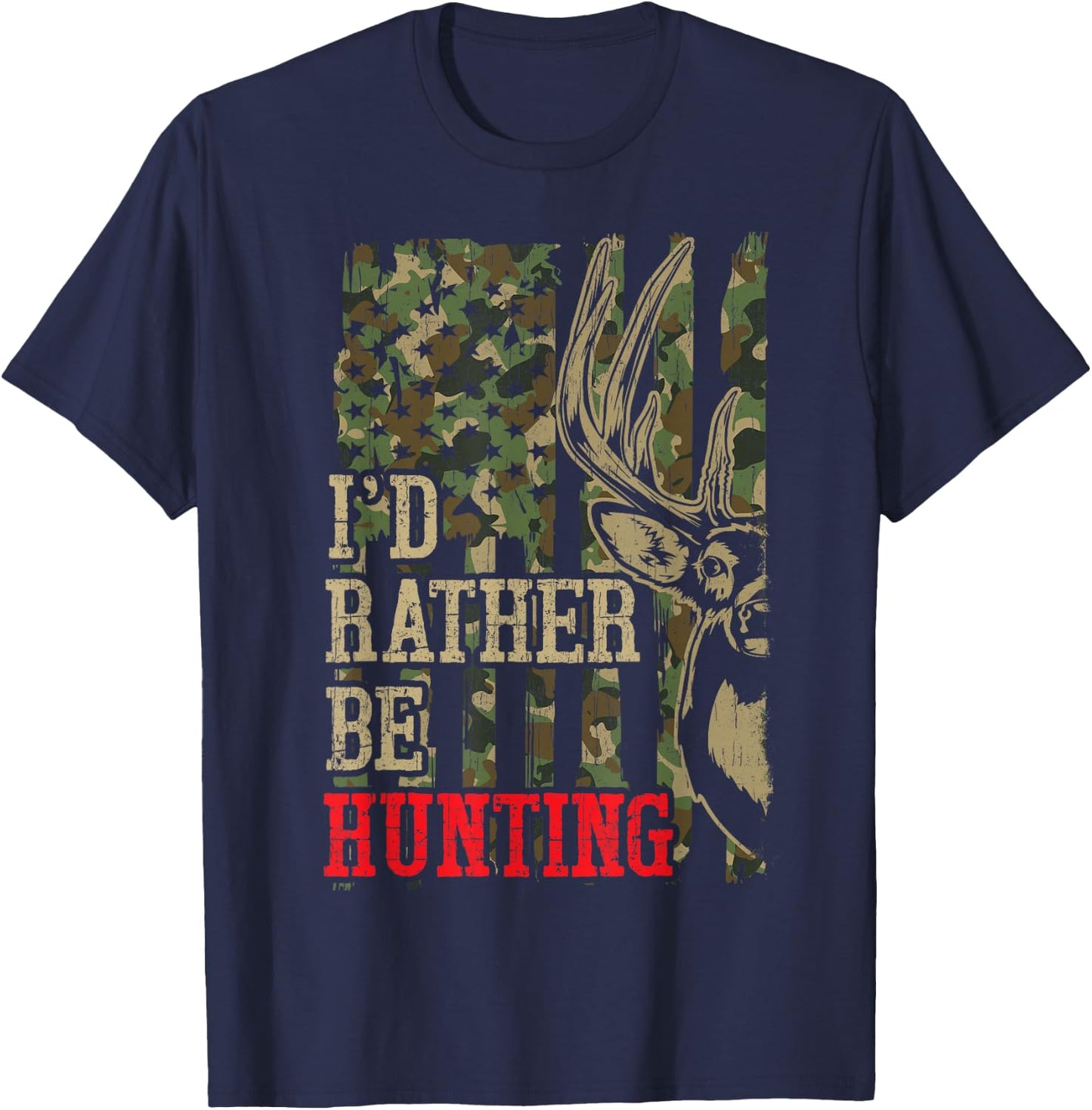 Youth Men I'd Rather Hunting Deer Camo Funny Hunter Dad Joke T-Shirt - T-Shirt | Navy