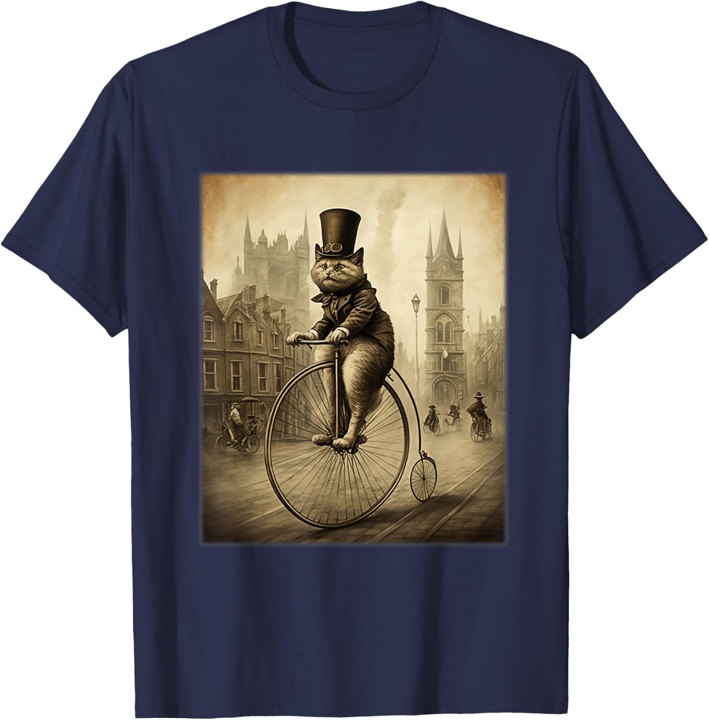 Funny Cat Top Hat Riding Penny Farthing Bicycle Cute Vintage Women Kids T-Shirt - T-Shirt | Navy