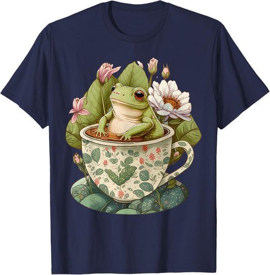 Cute Cottagecore Floral Frog Aesthetic Girls Women Graphic T-Shirt - T-Shirt | Navy