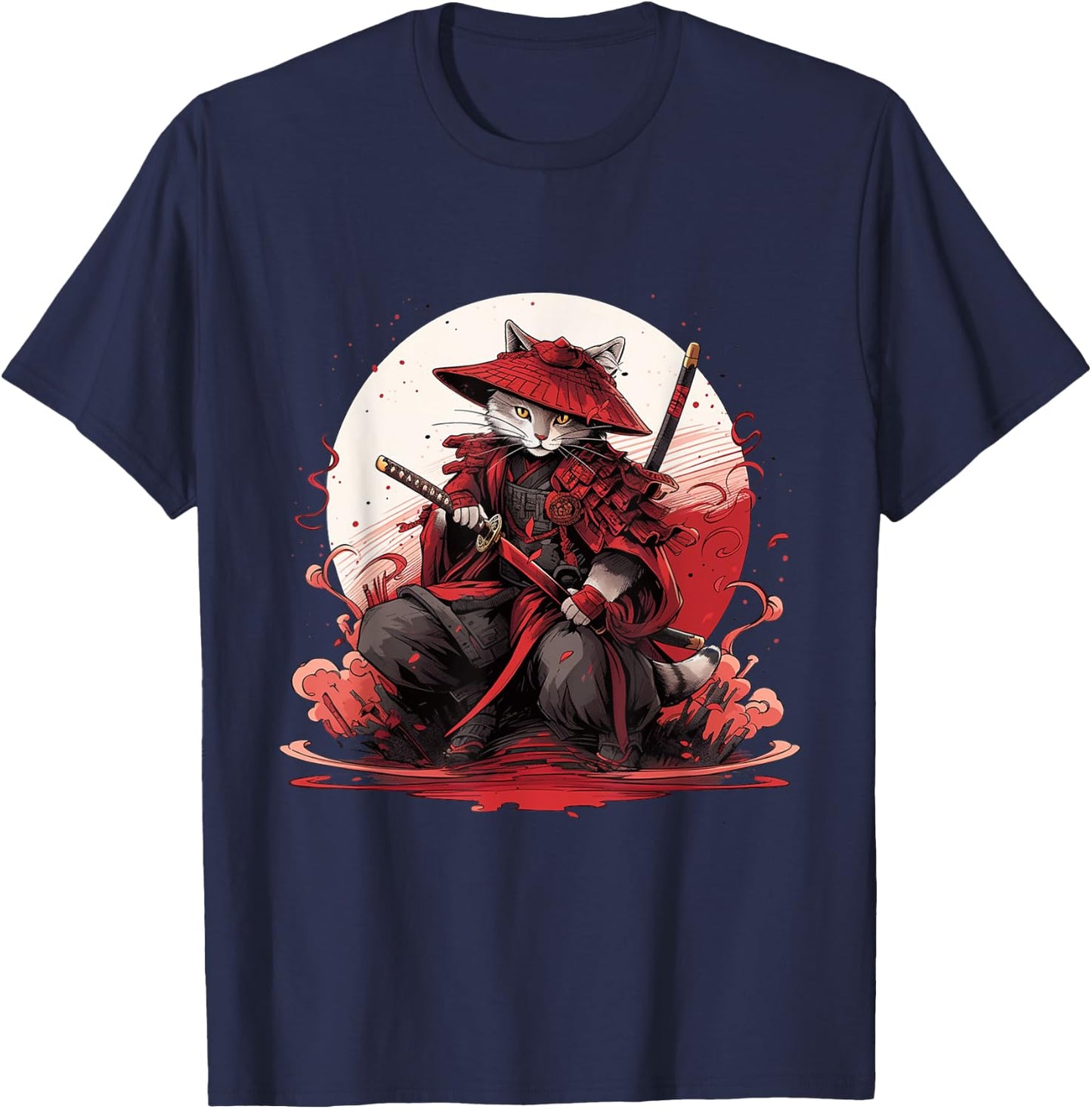 Japanese Art Cat Ninja Ukiyo-e Anime Style Samurai Cat Women Girls Kids T-Shirt - T-Shirt | Navy