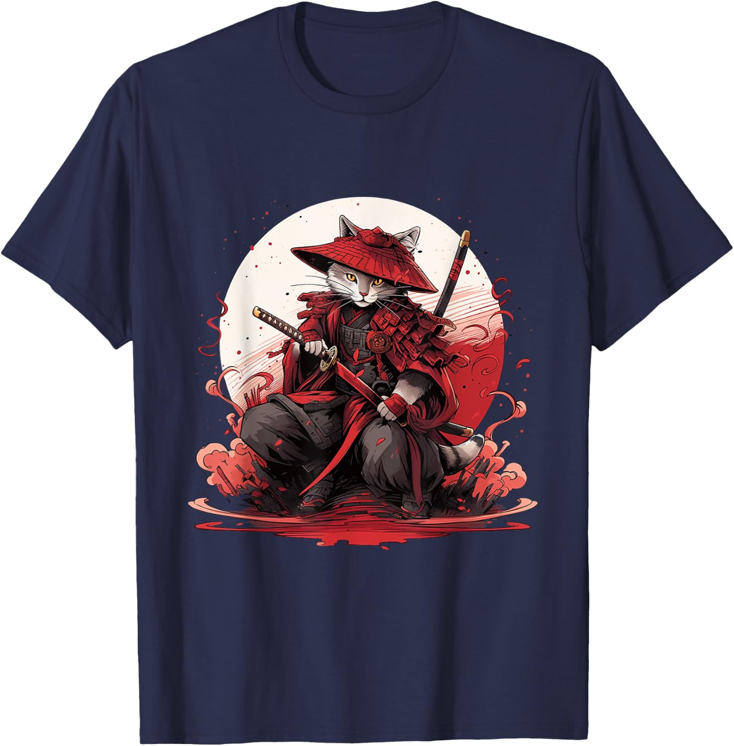 Japanese Art Cat Ninja Ukiyo-e Anime Style Samurai Cat Women Girls Kids T-Shirt - T-Shirt | Navy