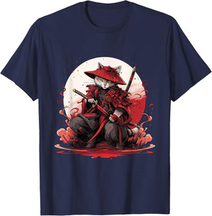 Japanese Art Cat Ninja Ukiyo-e Anime Style Samurai Cat Women Girls Kids T-Shirt - T-Shirt | Navy