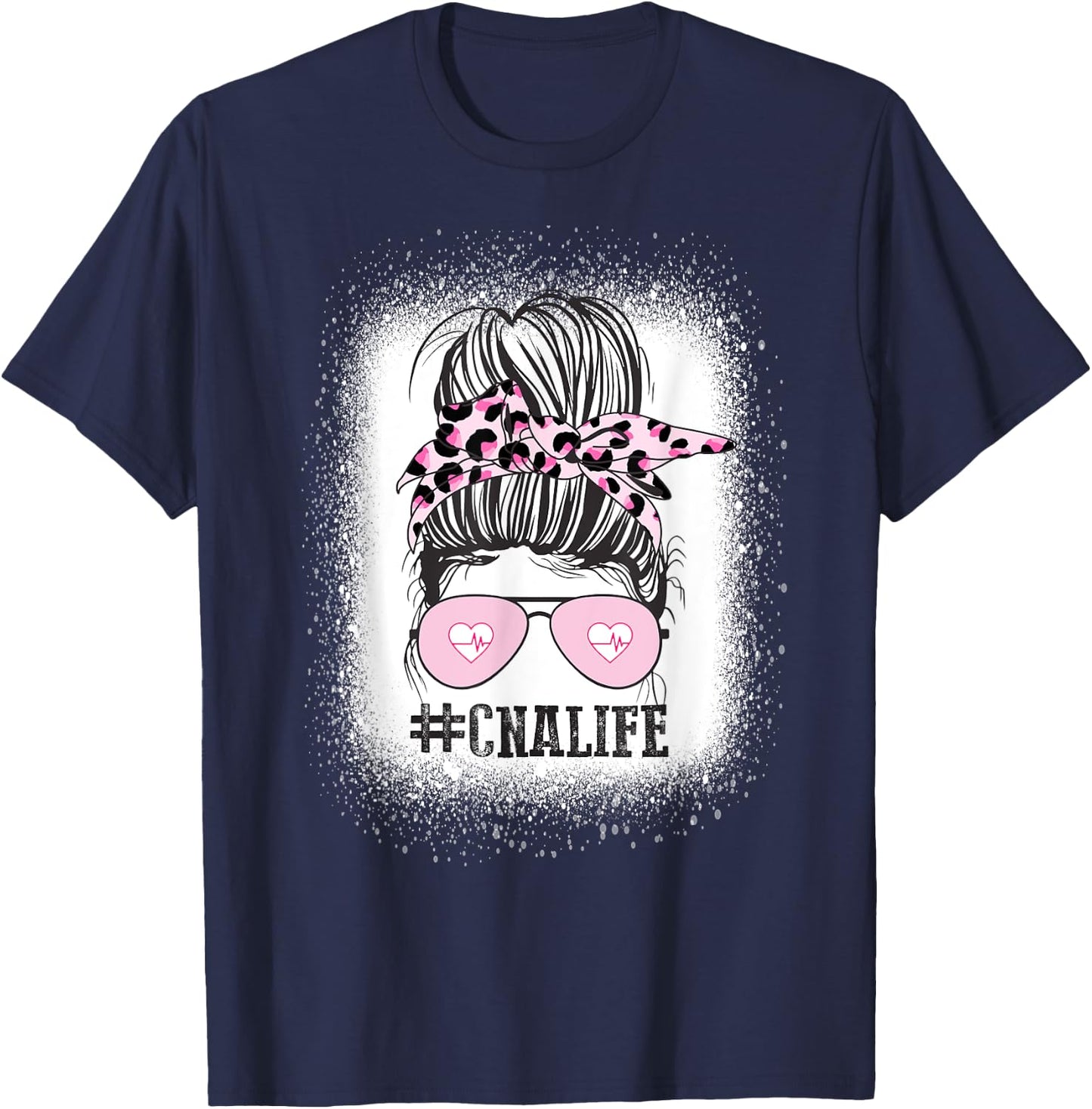 CNA Nurse Life Shirt, Bleached Messy Bun Nurse Leopard T-Shirt - T-Shirt | Navy