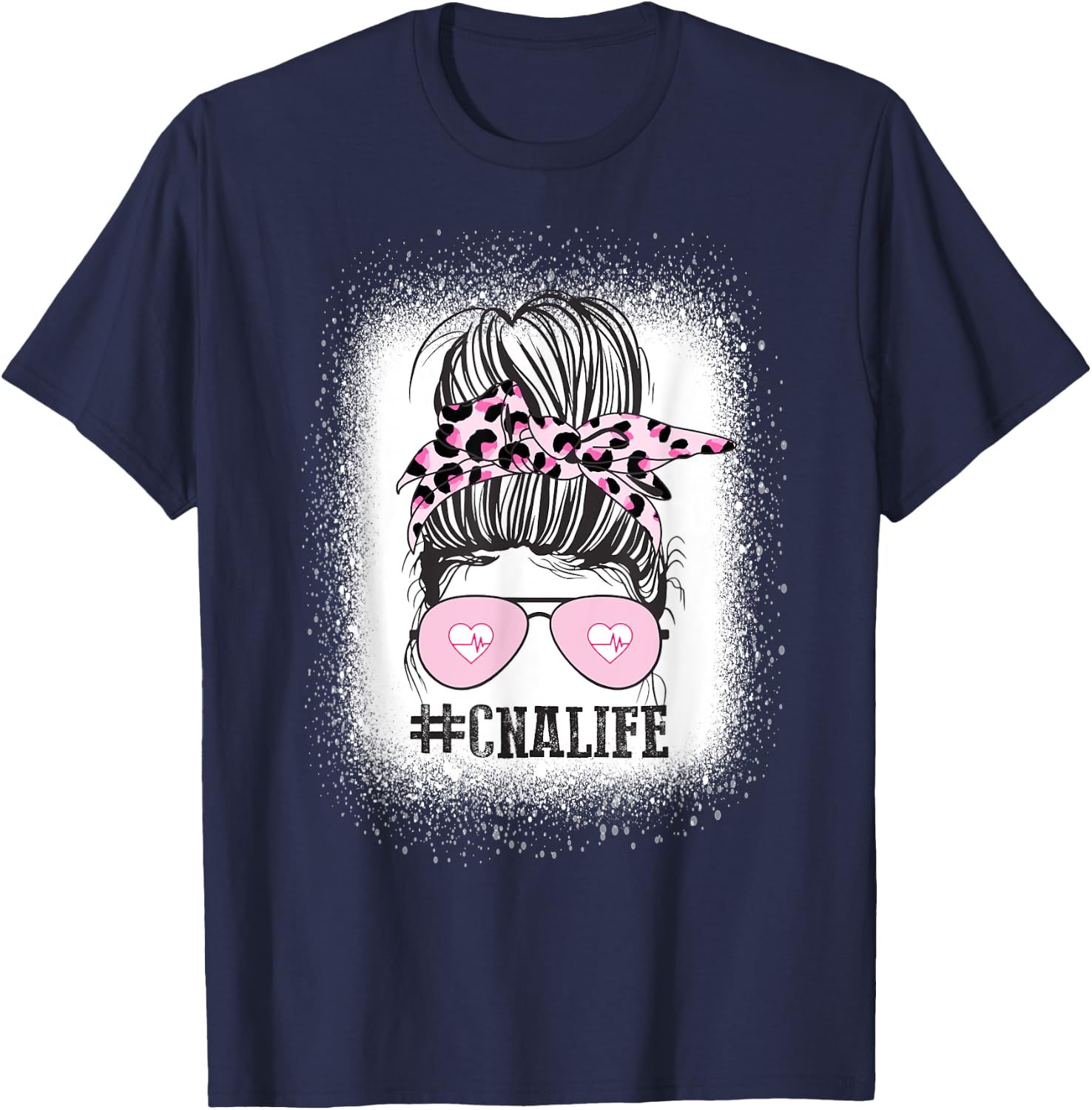 CNA Nurse Life Shirt, Bleached Messy Bun Nurse Leopard T-Shirt - T-Shirt | Navy