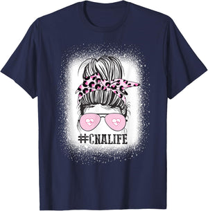CNA Nurse Life Shirt, Bleached Messy Bun Nurse Leopard T-Shirt - T-Shirt | Navy