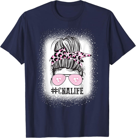 CNA Nurse Life Shirt, Bleached Messy Bun Nurse Leopard T-Shirt - T-Shirt | Navy