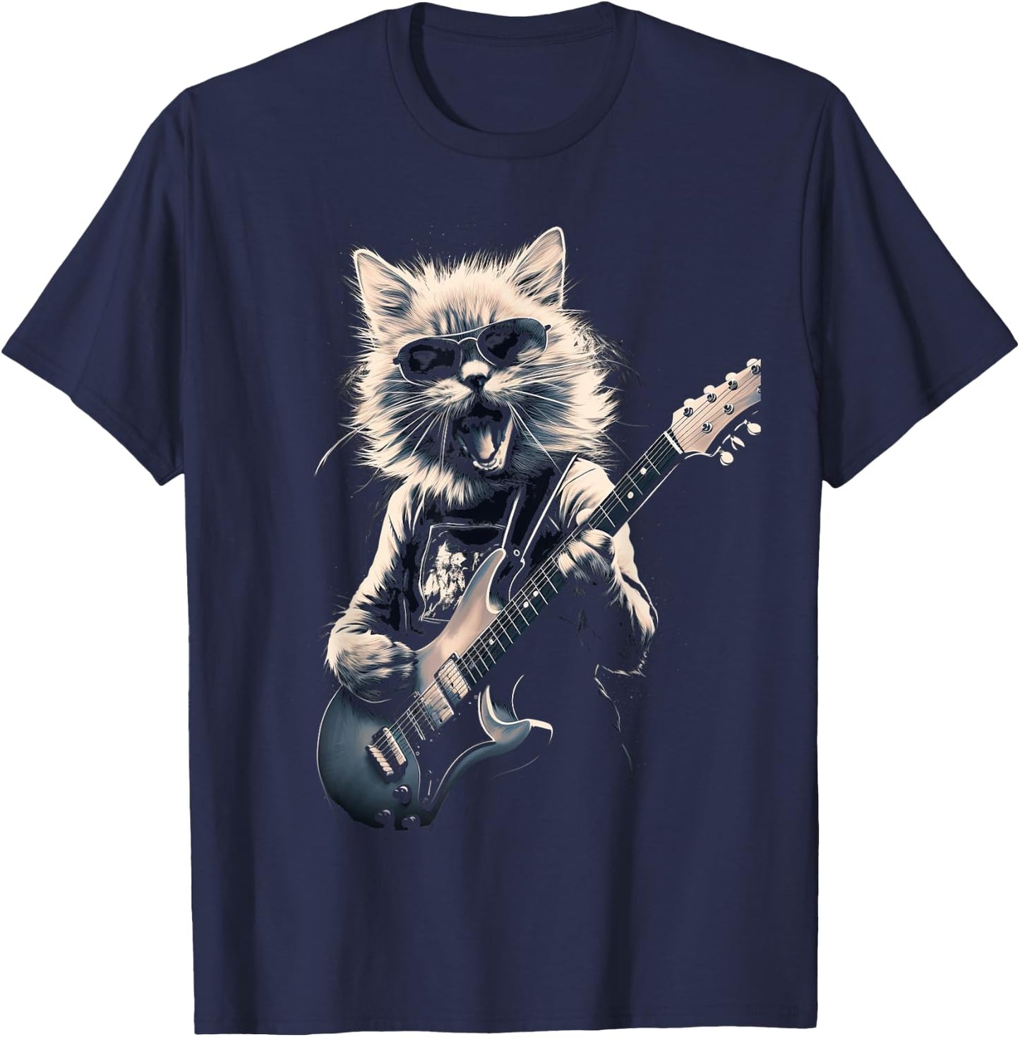 Cat Playing Bass Guitar Guitarist Rocker Cool T-Shirt - T-Shirt | Navy