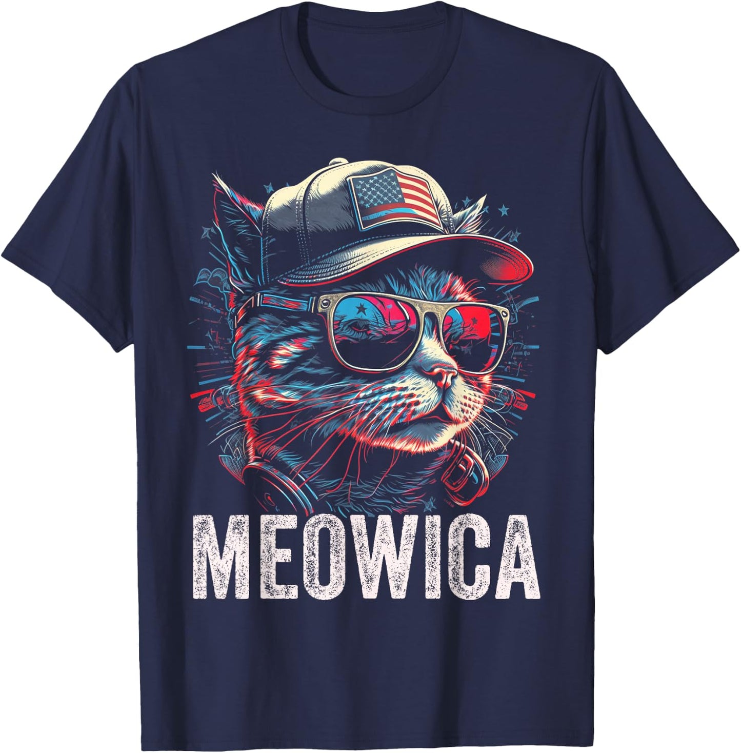 Meowica 4th of July Cat American Flag America USA Funny T-Shirt - T-Shirt | Navy
