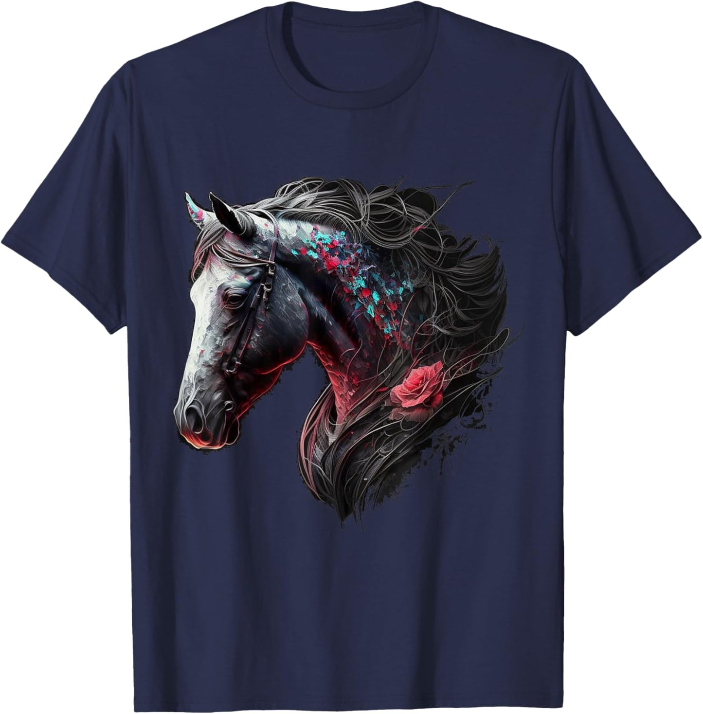 Horse Colourful Flowers Art Animal Print Horse Motif T-Shirt - T-Shirt | Navy