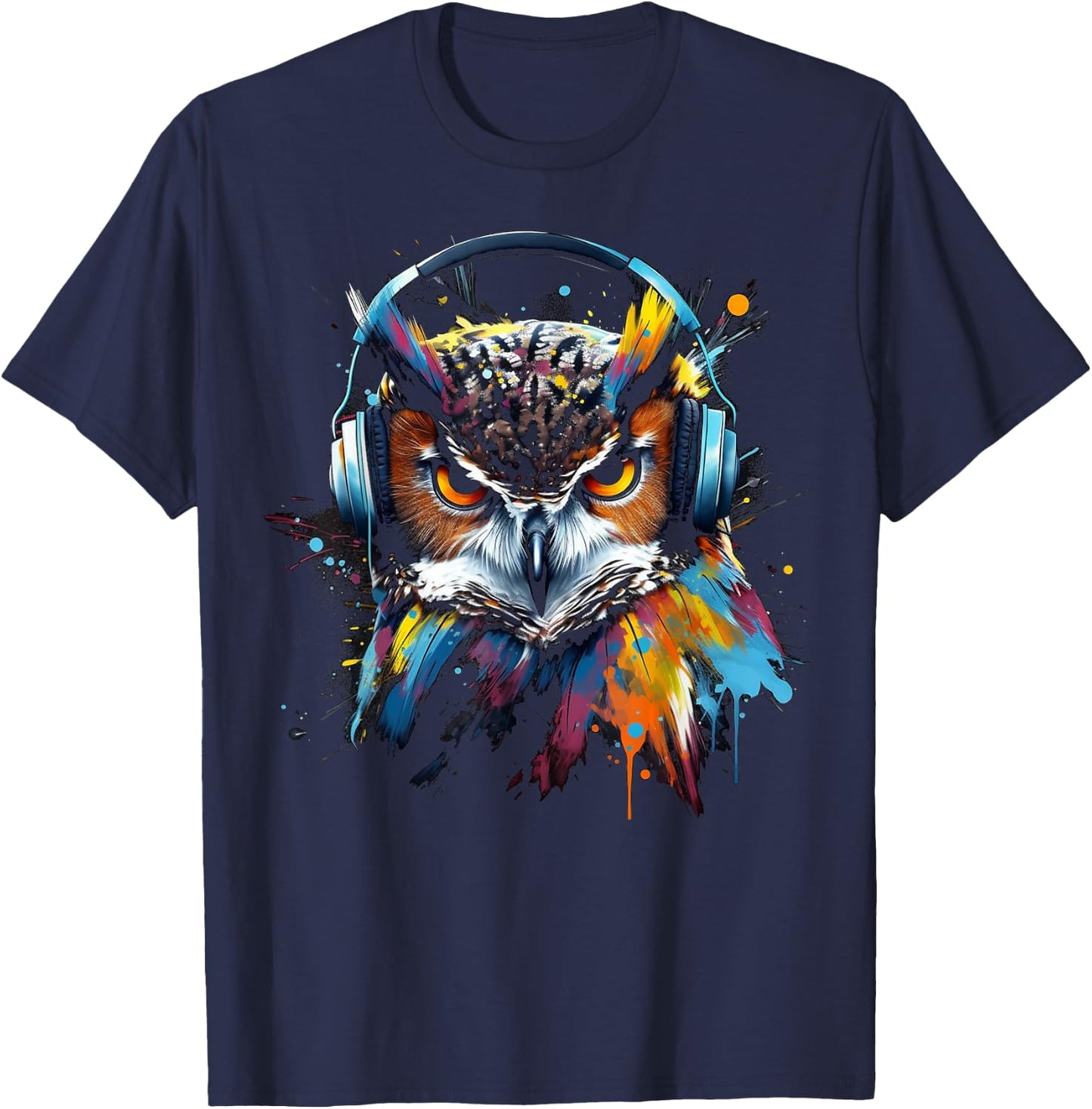 Owl Music Colourful Bird Headphones Art Animal Owl T-Shirt - T-Shirt | Navy