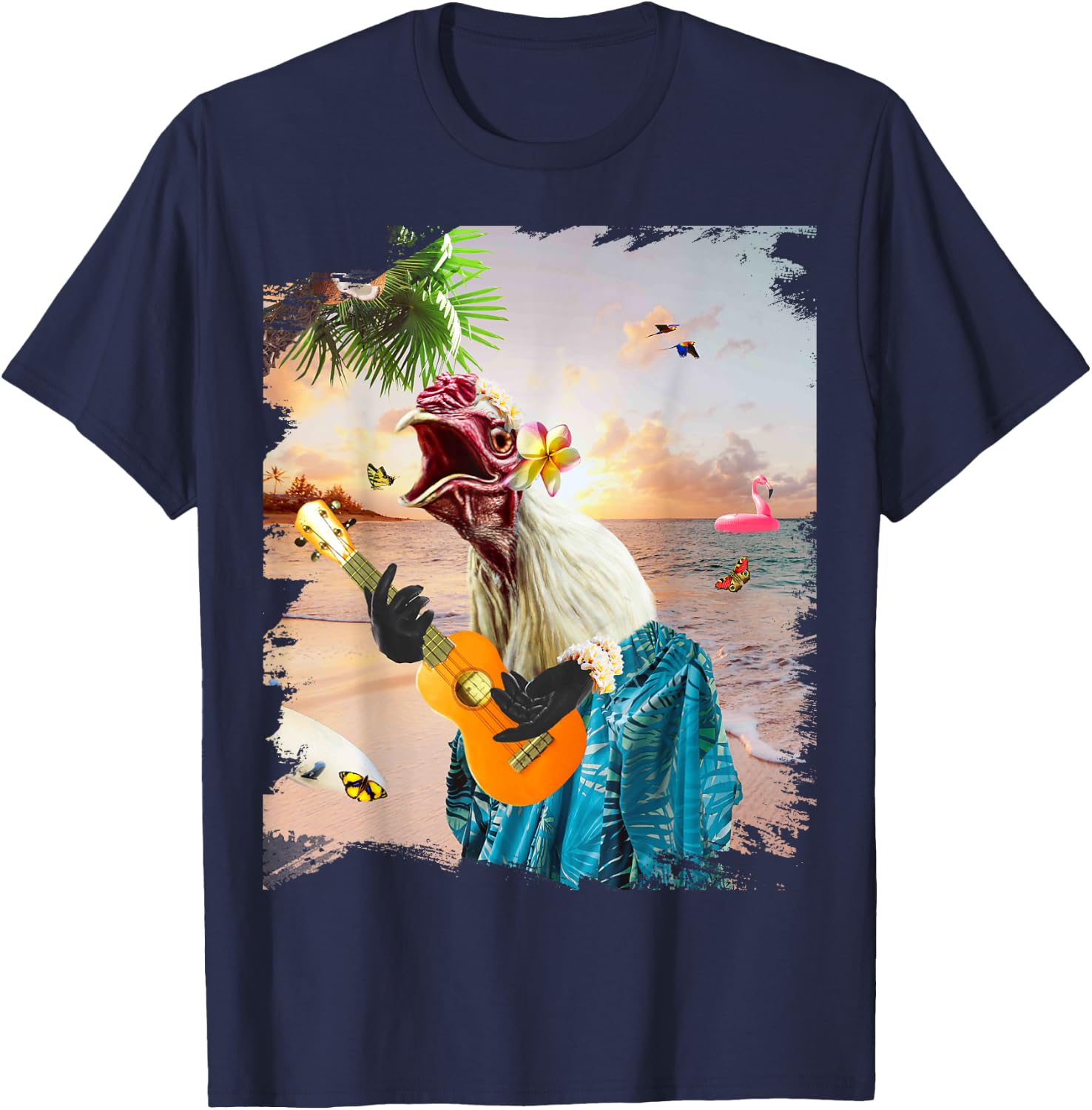 Aloha Hawaiian Chicken Playing Ukulele Beach Funny T-Shirt - T-Shirt | Navy