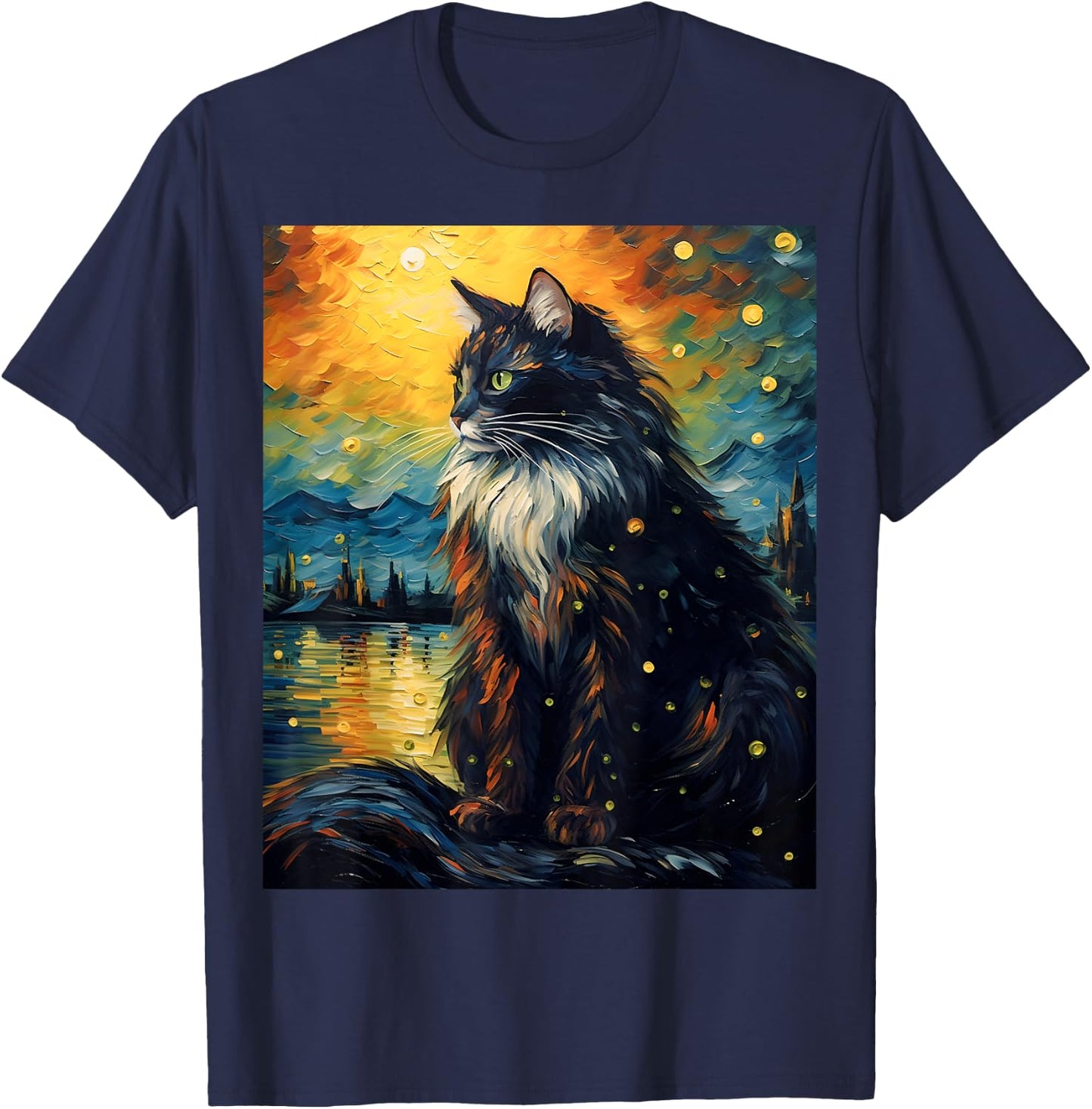 Surreal Starry Night Norwegian Forest Cat Men Women Girls Kids T-Shirt - T-Shirt | Navy
