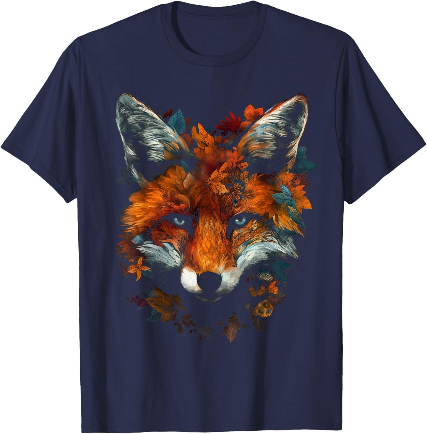 Fox Artwork Autumn Leaves - Art Animal Fox T-Shirt - T-Shirt | Navy