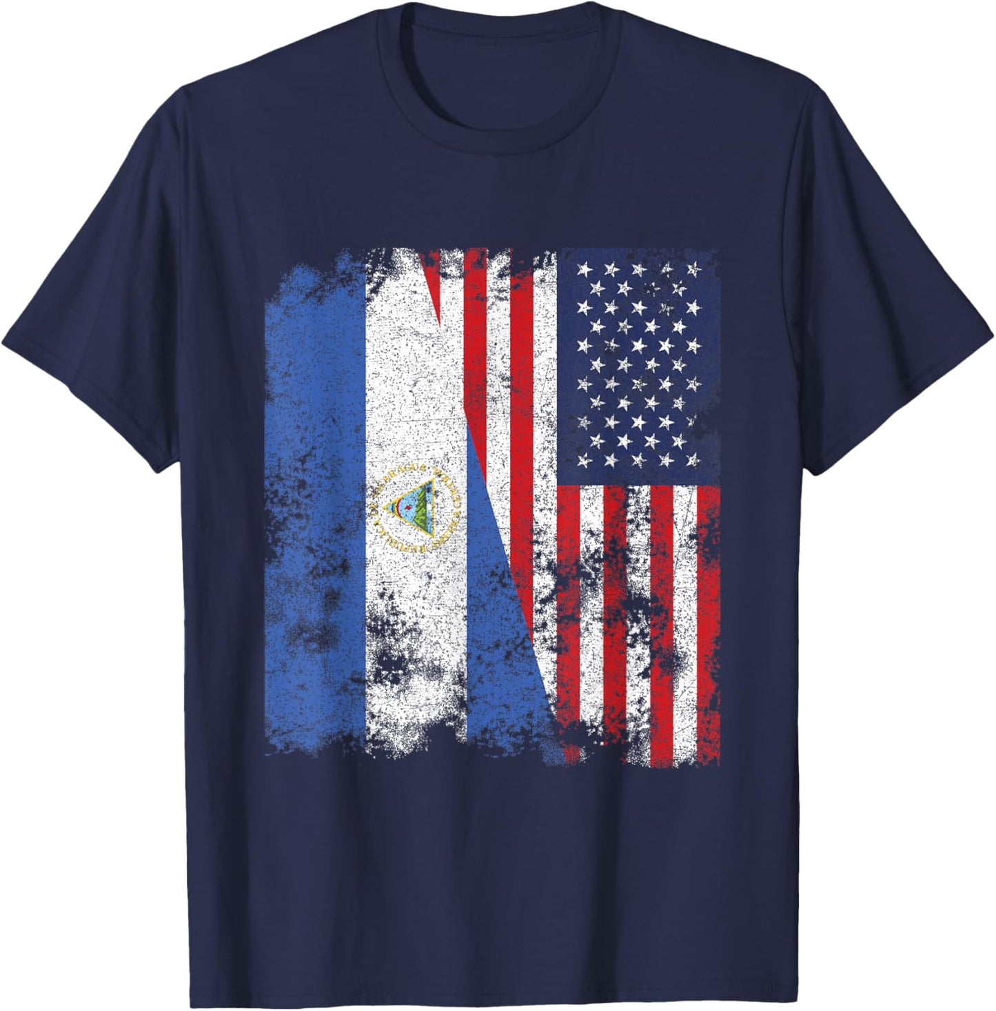 Nicaragua USA Flag Distressed - Half American T-Shirt - T-Shirt | Navy