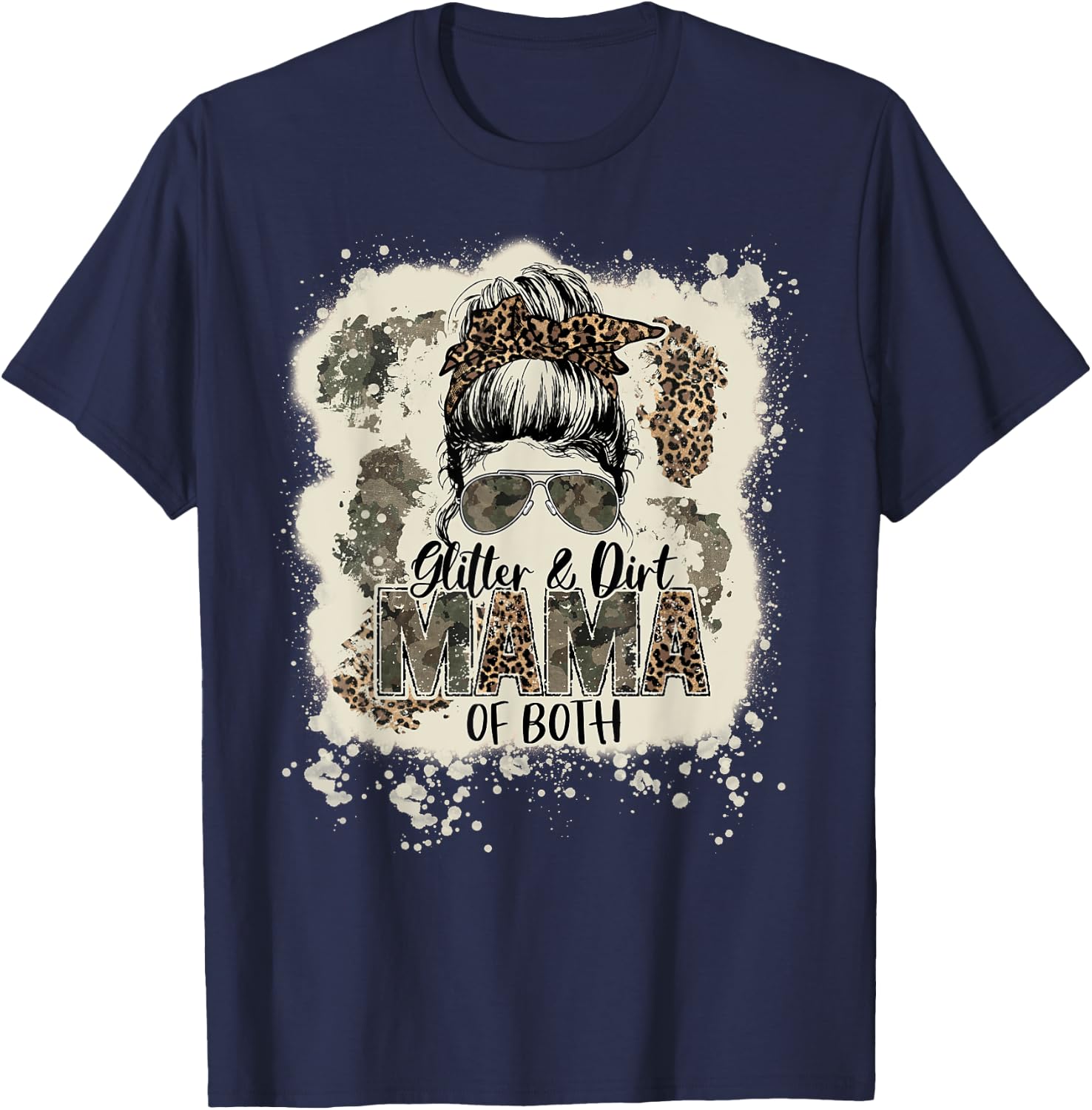 Glitter & Dirt Mama Of Both Leopard Camo Messy Bun Bleached T-Shirt - T-Shirt | Navy