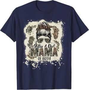 Glitter & Dirt Mama Of Both Leopard Camo Messy Bun Bleached T-Shirt - T-Shirt | Navy