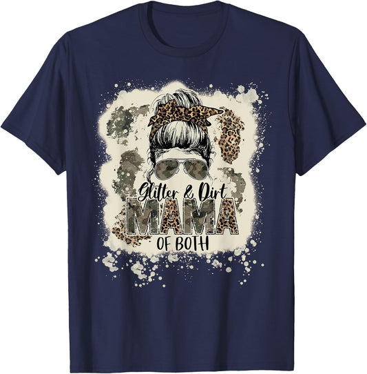 Glitter & Dirt Mama Of Both Leopard Camo Messy Bun Bleached T-Shirt - T-Shirt | Navy