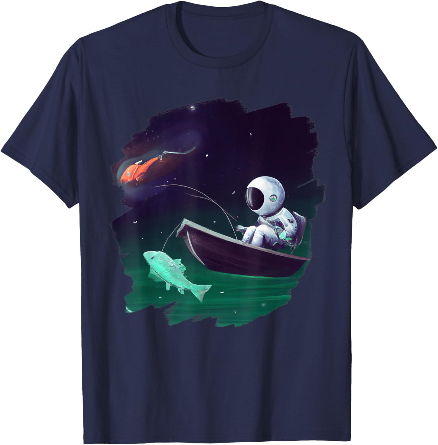 Astronaut Fishing Boat Space Ocean Lake Cool Fish Artistic T-Shirt - T-Shirt | Navy