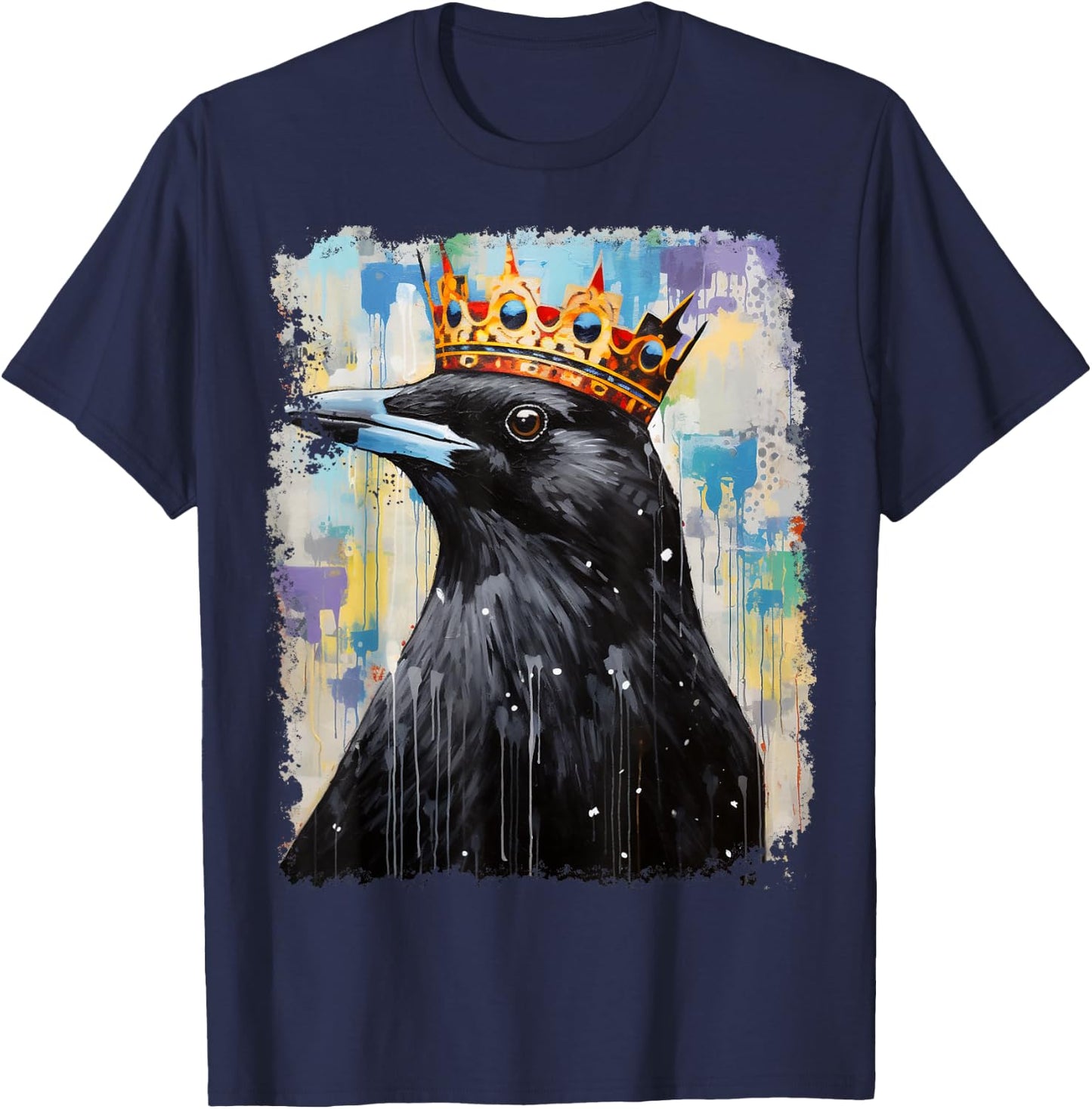 Pop Art Colorful Crow Raven King Queen Crown T-Shirt - T-Shirt | Navy