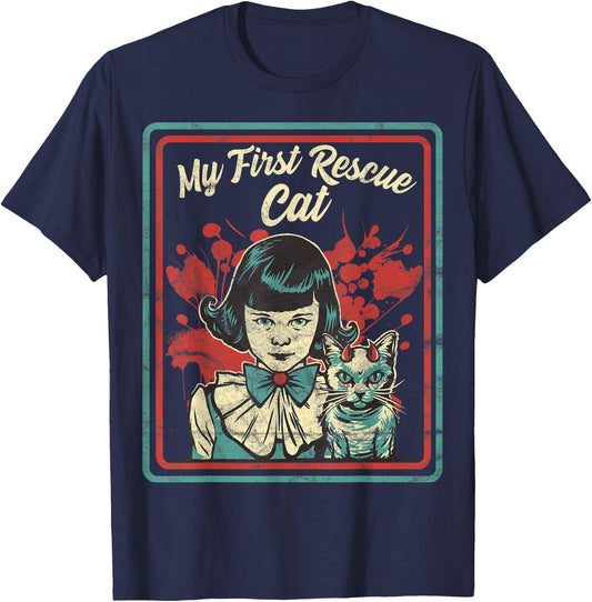 Vintage Child Game Horror, Dark Humor, My First Rescue Cat T-Shirt - T-Shirt | Navy