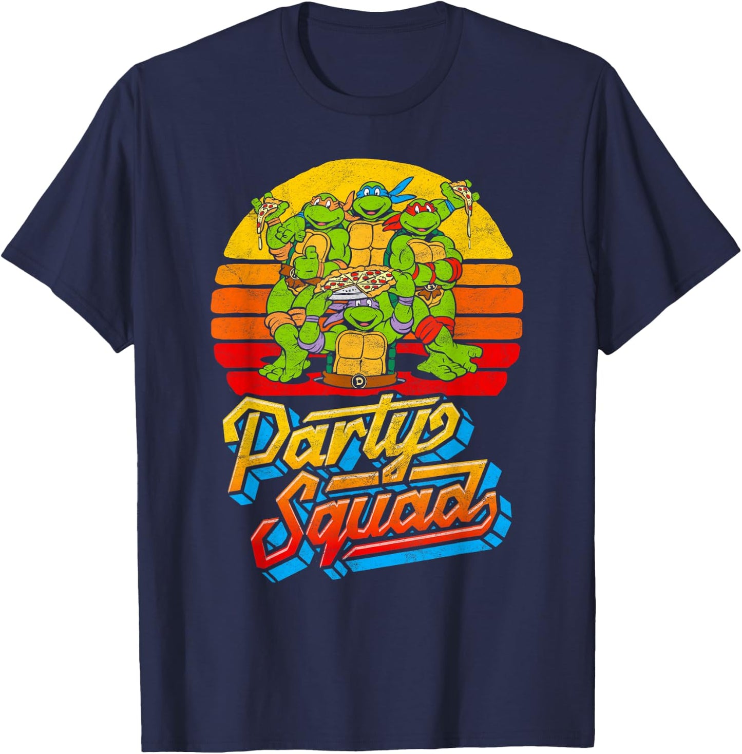 Party Squad! TMNT Vintage 80s Pizza Friends Distressed T-Shirt - T-Shirt | Navy