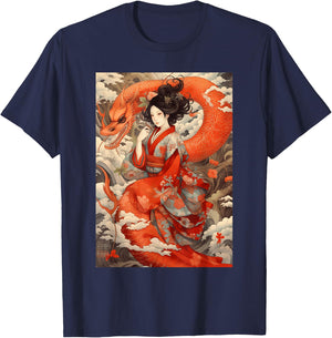 Japanese Geisha Kawaii In Kimono Dragon Japan T-Shirt - T-Shirt | Navy