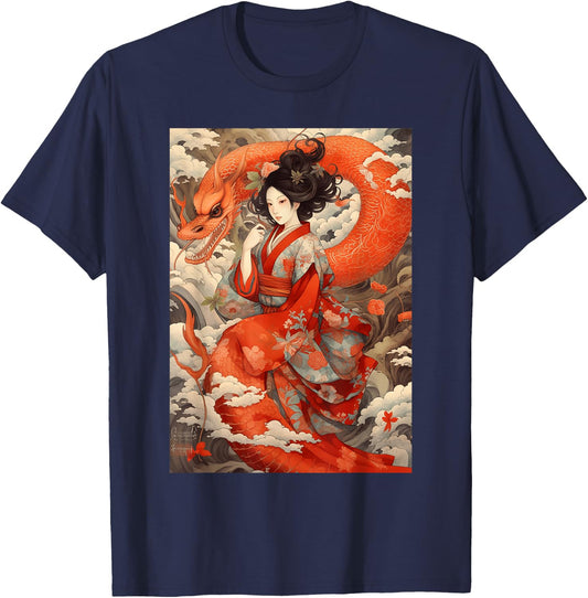 Japanese Geisha Kawaii In Kimono Dragon Japan T-Shirt - T-Shirt | Navy