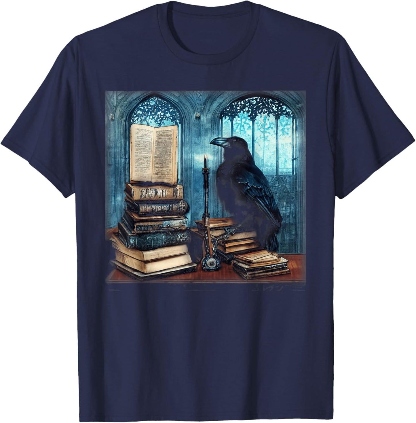Gothic Art Raven Sitting On A Stack of Old Books T-Shirt - T-Shirt | Navy