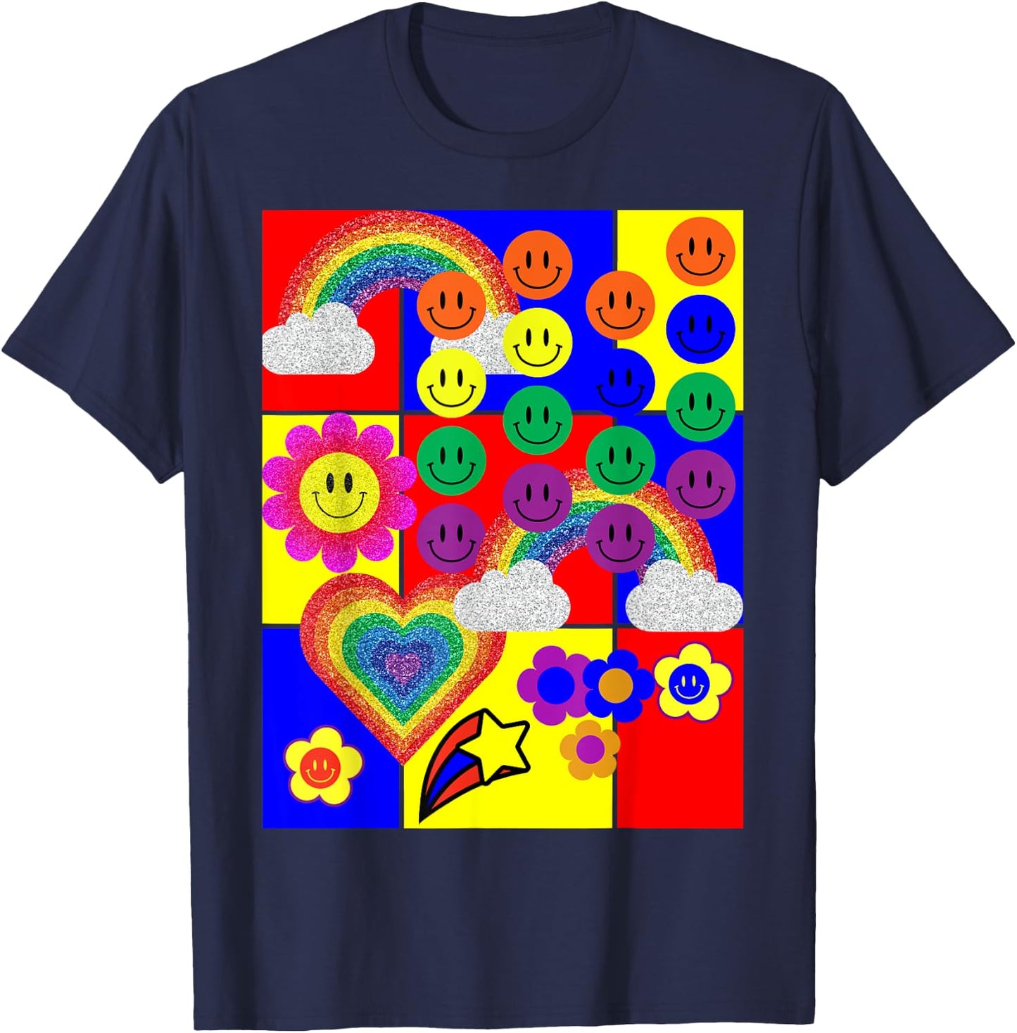 Kidcore Flower Heart Faces T-Shirt - T-Shirt | Navy