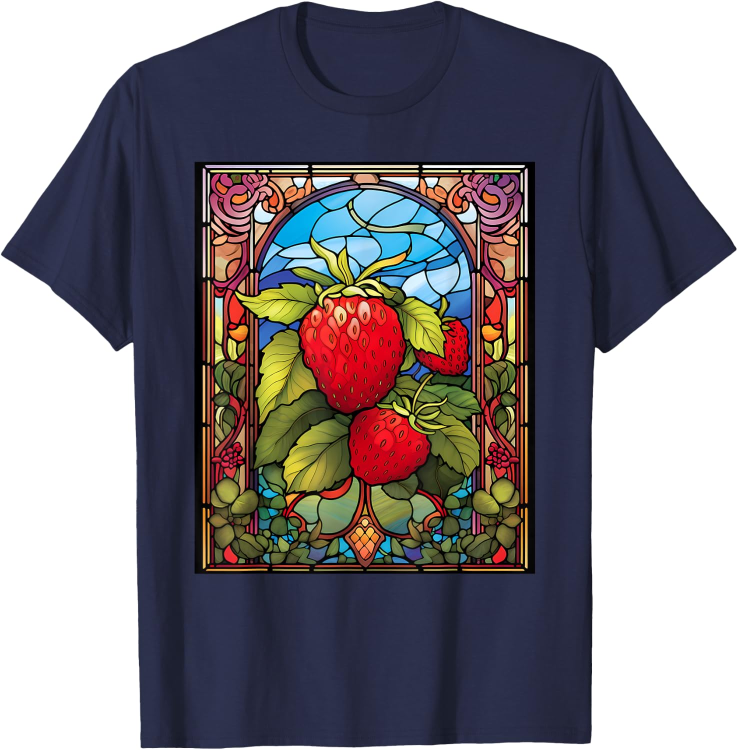 Stained Glass Style Strawberry T-Shirt - T-Shirt | Navy