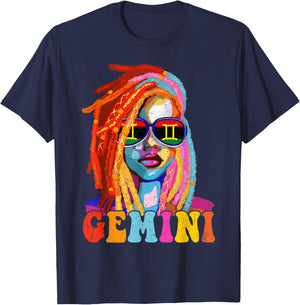 Gemini Queen African American Loc'd Women Zodiac Sign T-Shirt - T-Shirt | Navy