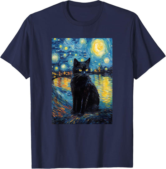 black cat Painting art Starry Night kitty kitten Van Gogh T-Shirt - T-Shirt | Navy