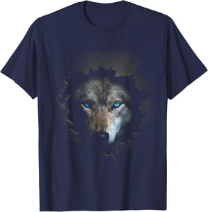 Wolf Blue Eyes Artwork | Wall Animal Motif Wolf T-Shirt - T-Shirt | Navy