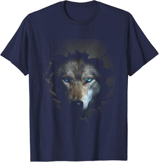 Wolf Blue Eyes Artwork | Wall Animal Motif Wolf T-Shirt - T-Shirt | Navy
