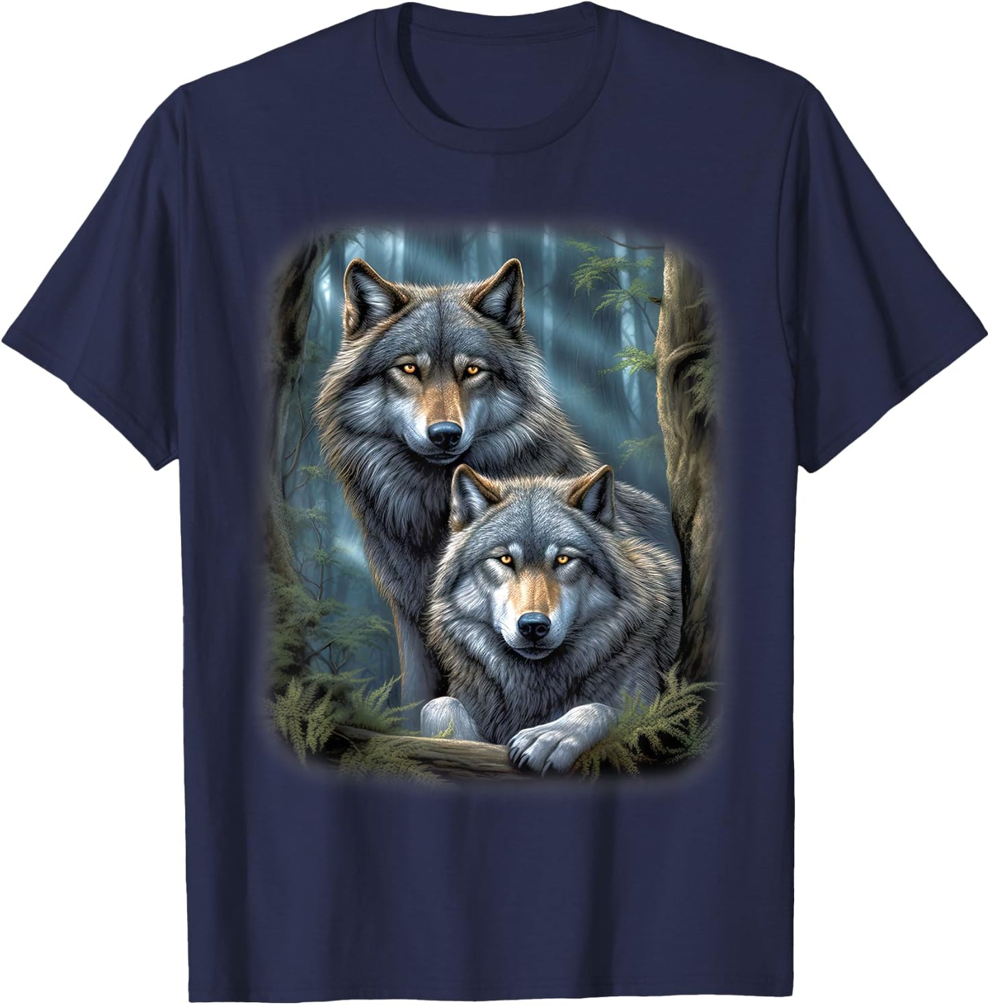 Wolf Wolves in Forest by Night Moon Fantasy Art Wildlife T-Shirt - T-Shirt | Navy