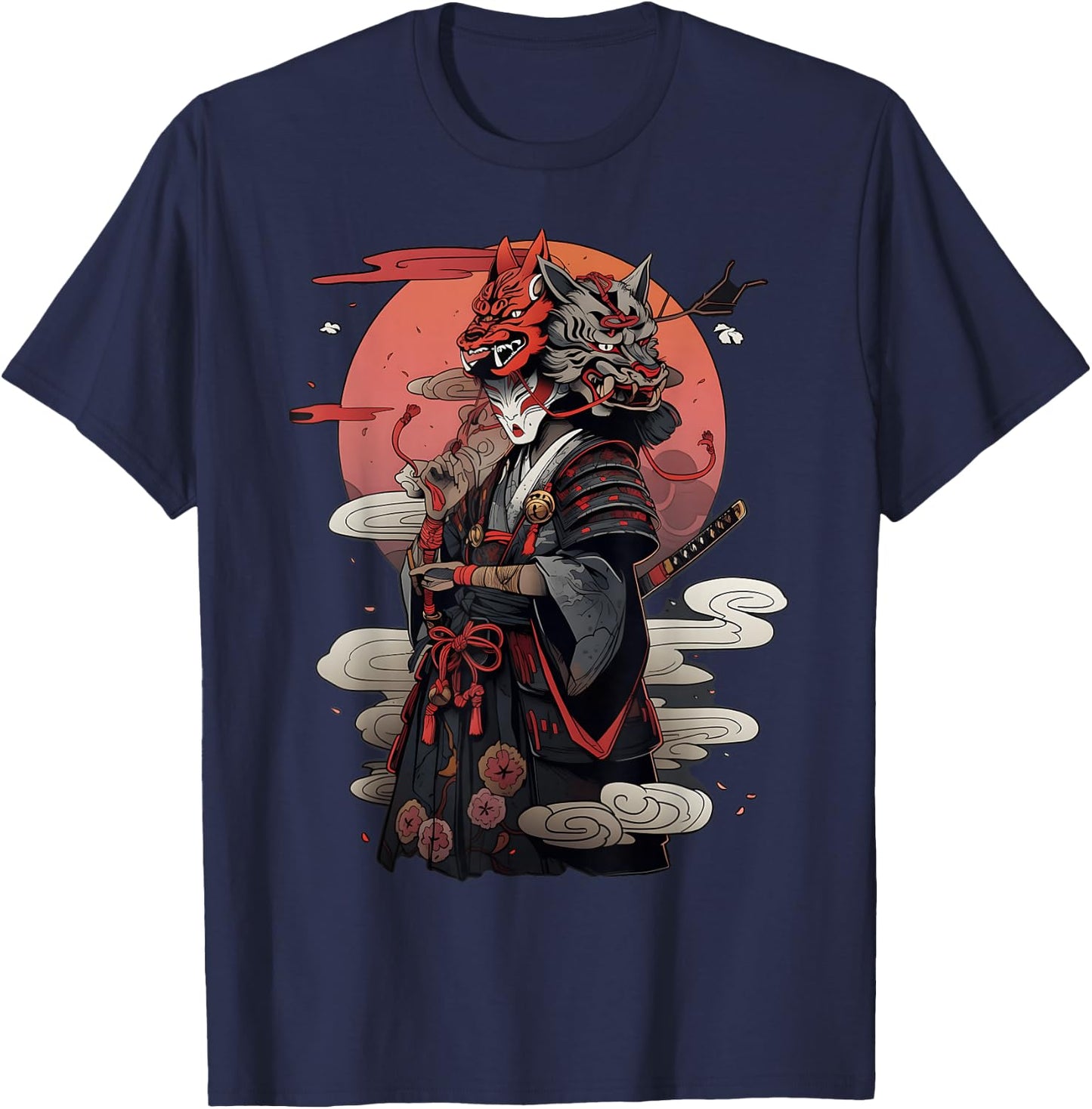Samurai Strength And Courage Design With Animal Heads T-Shirt - T-Shirt | Navy