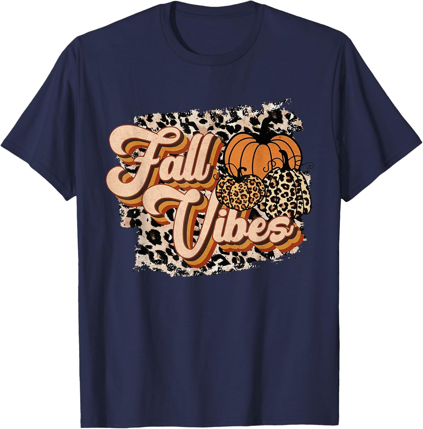 Fall Vibes Leopard Groovy Thanksgiving Autumn Girl T-Shirt - T-Shirt | Navy