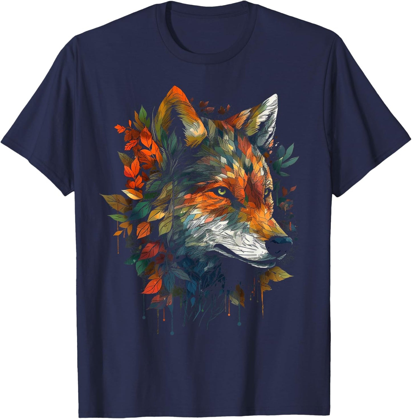 Wolf autumn leaves animal motif artwork - art animal wolf T-Shirt - T-Shirt | Navy