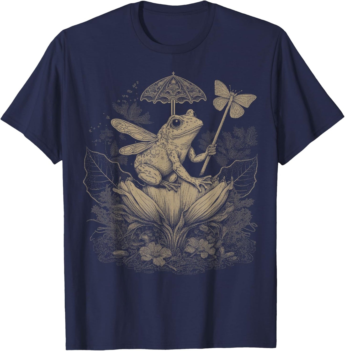 Cute Fairycore Floral Frog Aesthetic Girls Women Graphic T-Shirt - T-Shirt | Navy