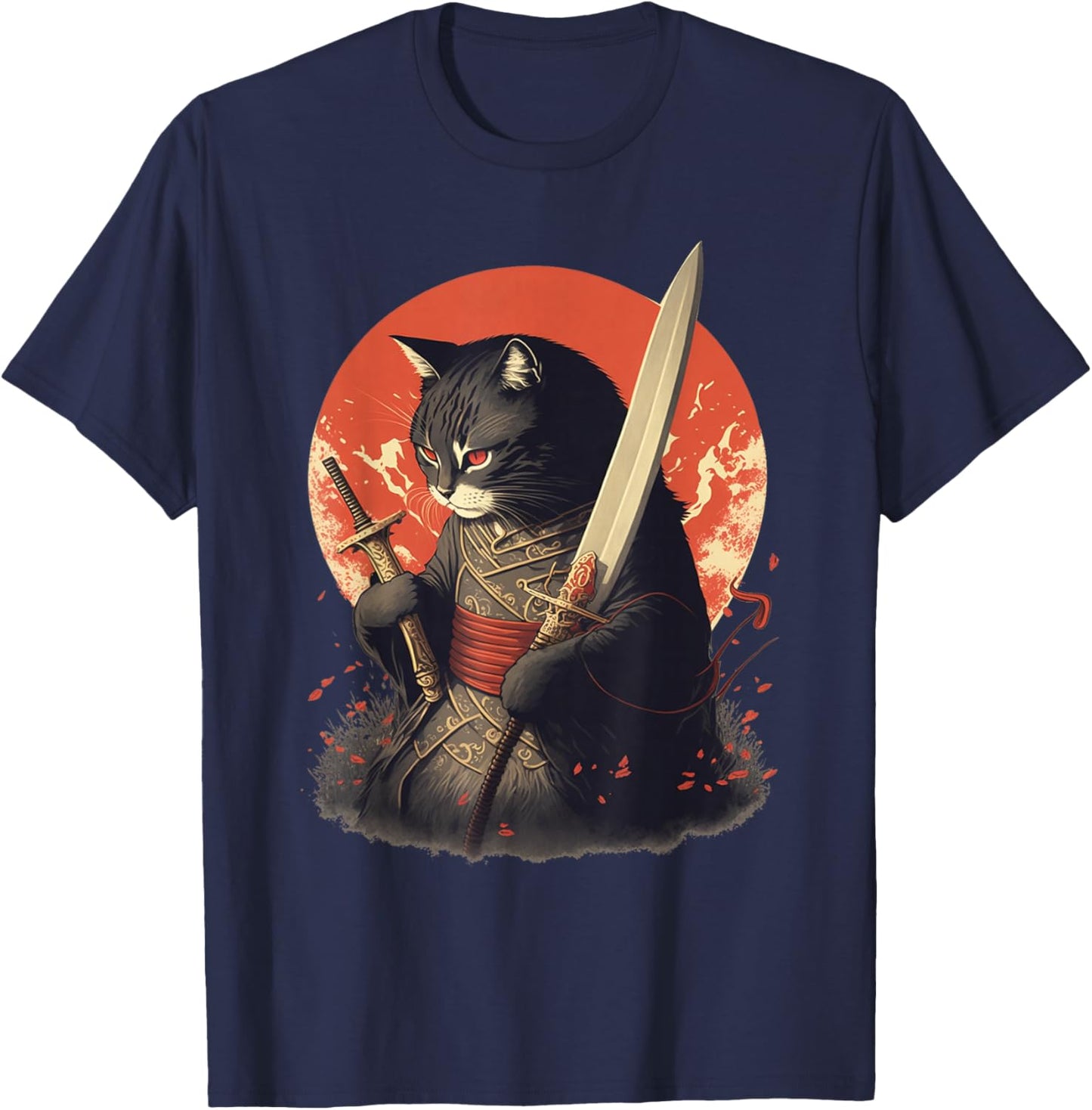 Retro Japanese Samurai Ninja Cat Kawaii Tattoo Graphic Style T-Shirt - T-Shirt | Navy