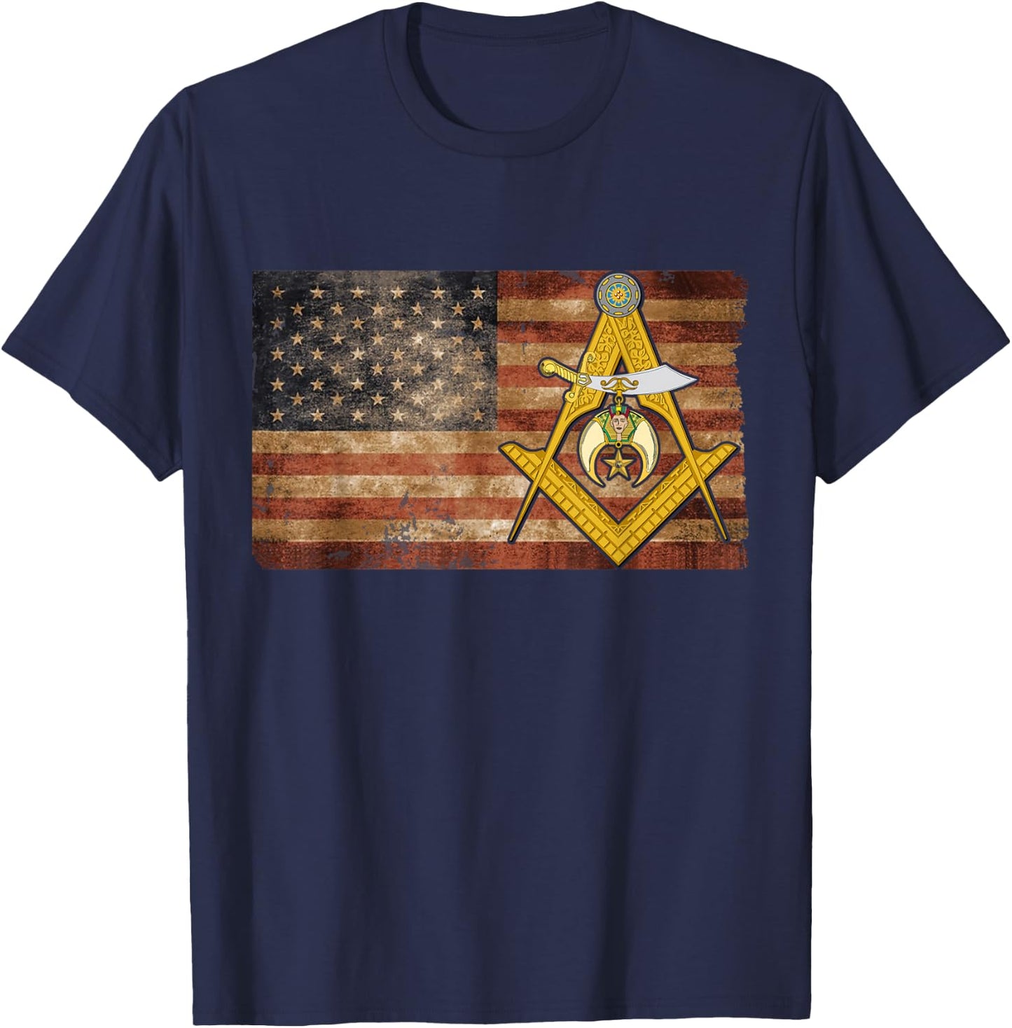 Shriners USA Flag Emblem Compass & Square Mason Father's Day T-Shirt - T-Shirt | Navy
