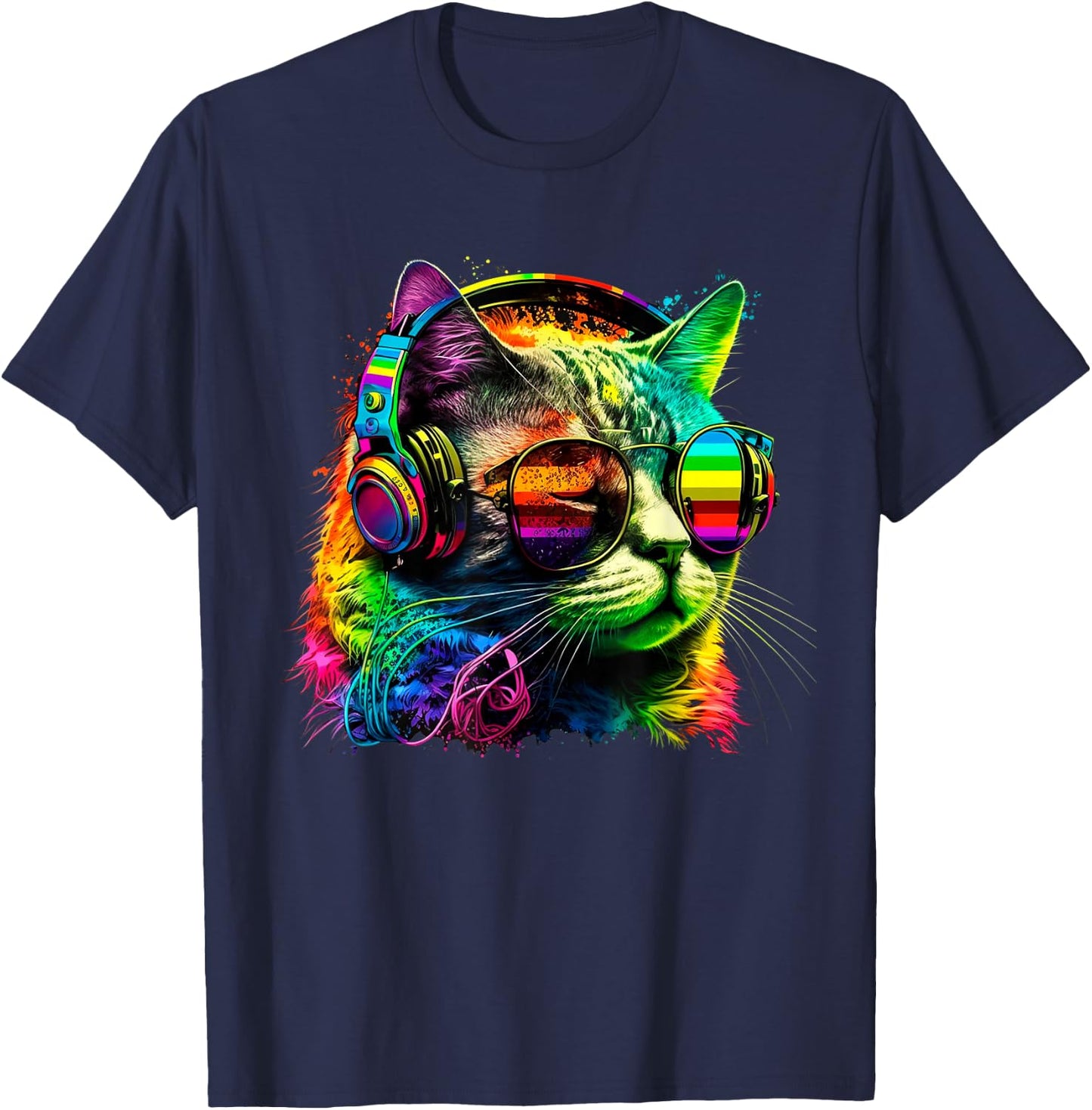 Rainbow DJ Cat with Sunglasses Headphones Music Funny Kitty T-Shirt - T-Shirt | Navy